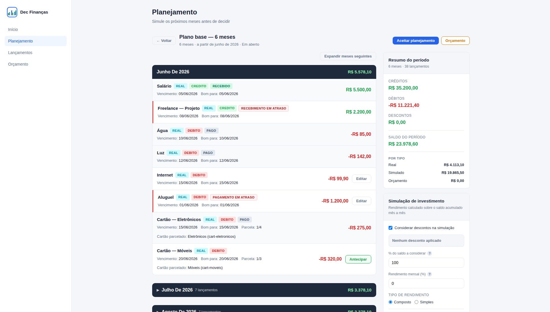 Detalhe mês a mês de um plano financeiro com saldo projetado